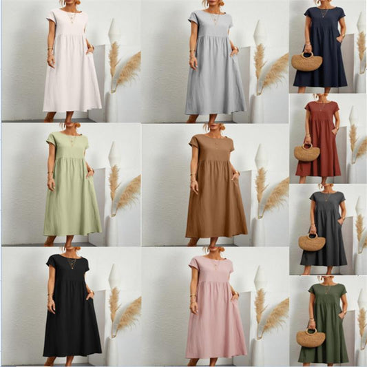 Vårmode - Enfärgad klänning i bomull och linne med fickor