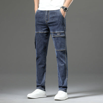 Men's Stretch Straight Leg Vintage Jeans with Multiple Pockets