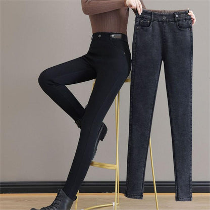 Kvinnors höga midja smala stretch varma magra jeans