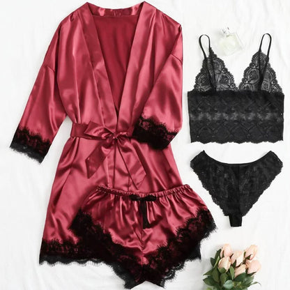 Spets Satin Suspender Nightgown Four-Piece Set